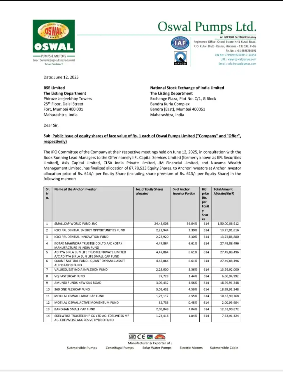 Image from IPO Investor Academy: 📢 Oswal Pumps Ltd MainBoard IPO Anchor List Latest GMP: 70/-...