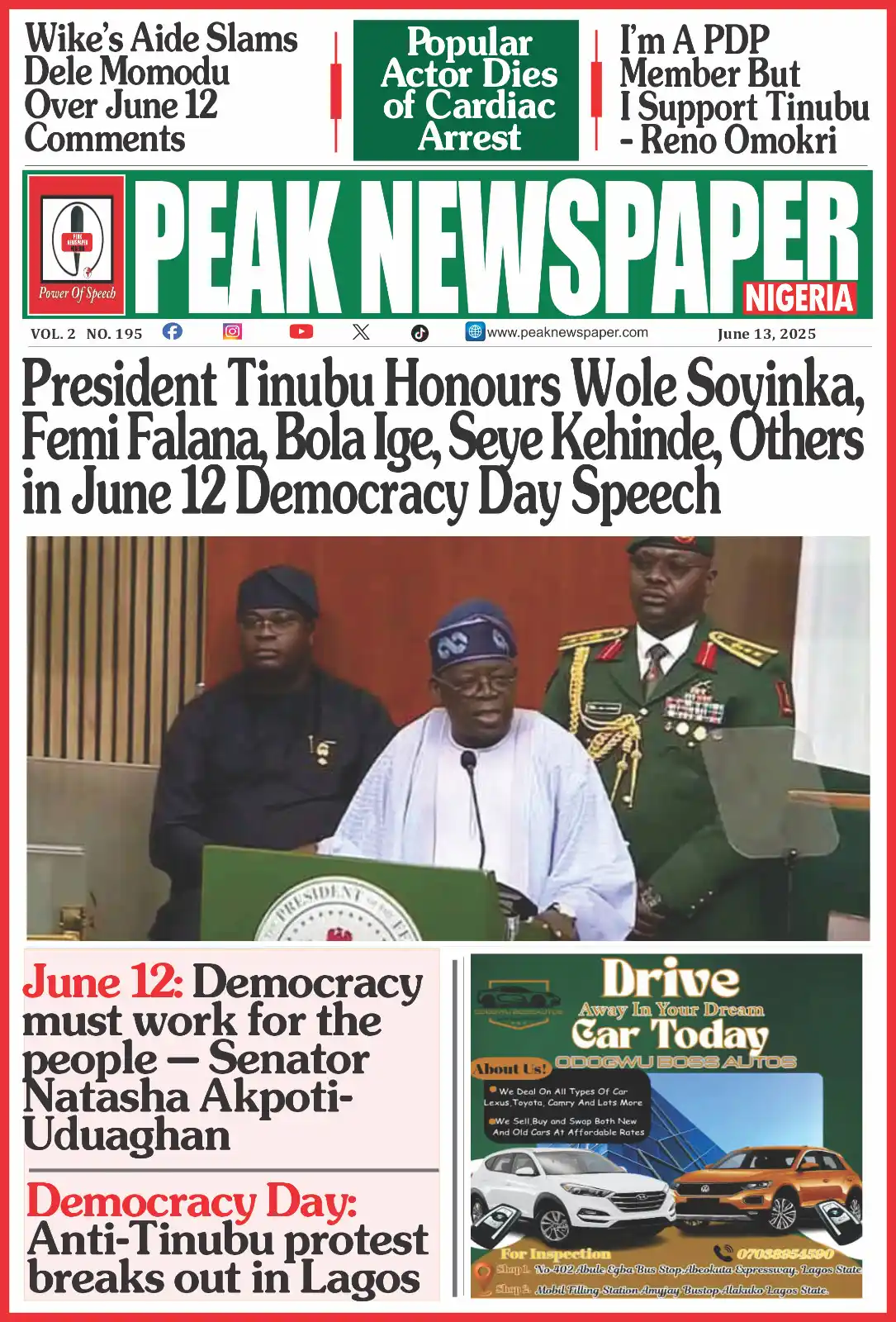 Image from Peak Newspaper Nigeria: Peak Newspaper Nigeria headline stories, Friday June 13, 2025. Read a...
