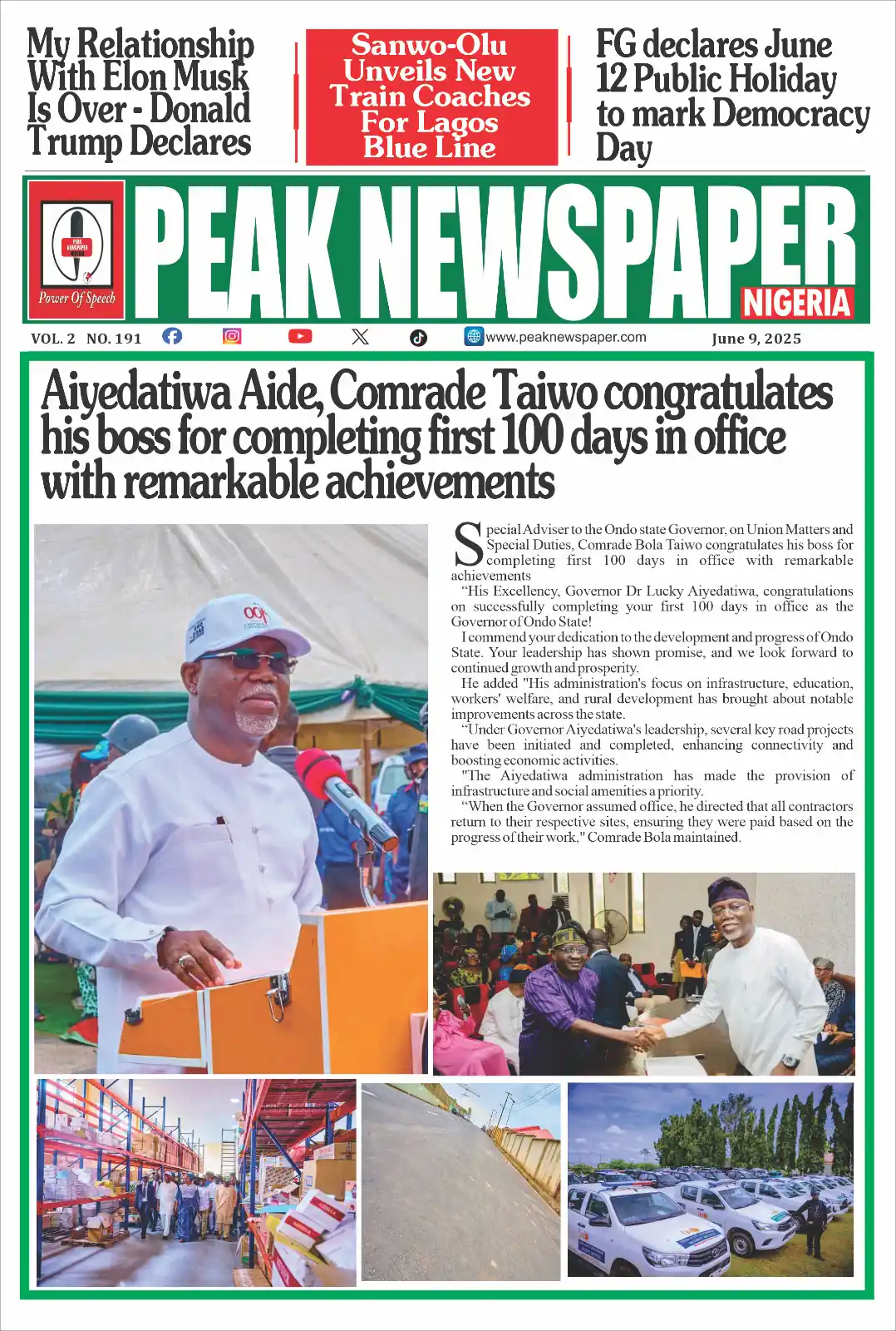 Image from Peak Newspaper Nigeria: Peak Newspaper Nigeria headline stories, Monday June 9, 2025. Read an...