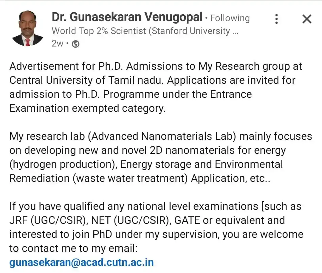 Image from Physics Aspirants: PhD position in Advanced Nanomaterials Lab, CUTN...