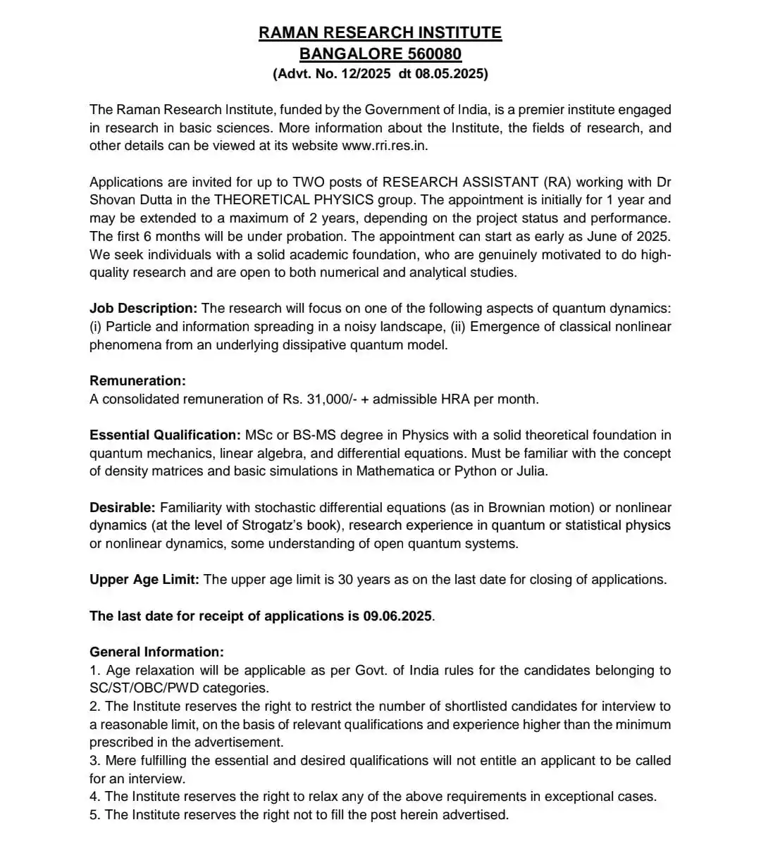 Image from Physics Aspirants: Research Assistant (Theoretical Physics) (2 posts) at Raman Research I...