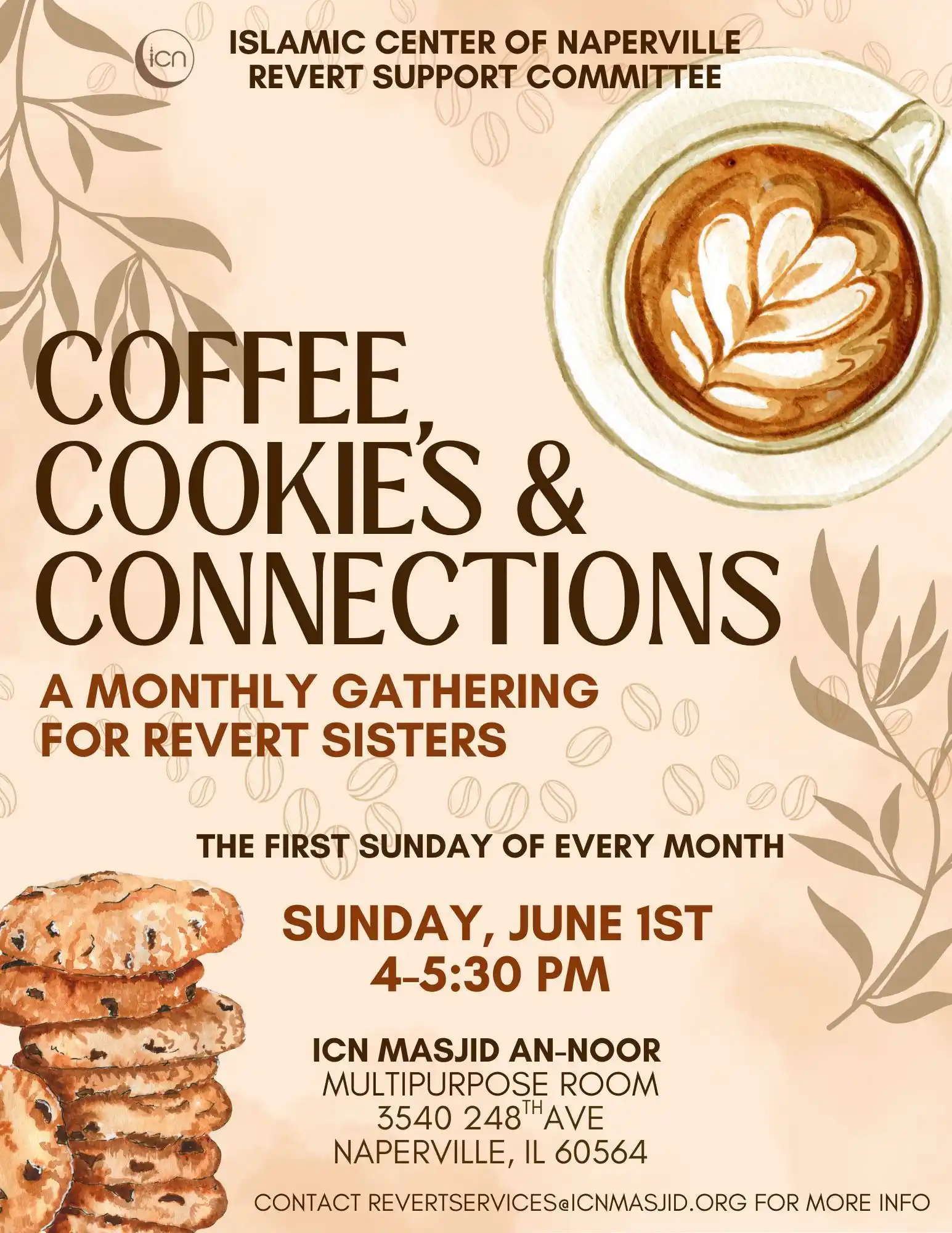 Image from Islamic Center of Naperville: 🌟 *Revert Sisters Gathering* 🌟 ☕🍪 *Coffee, Cookies & Connections* �...