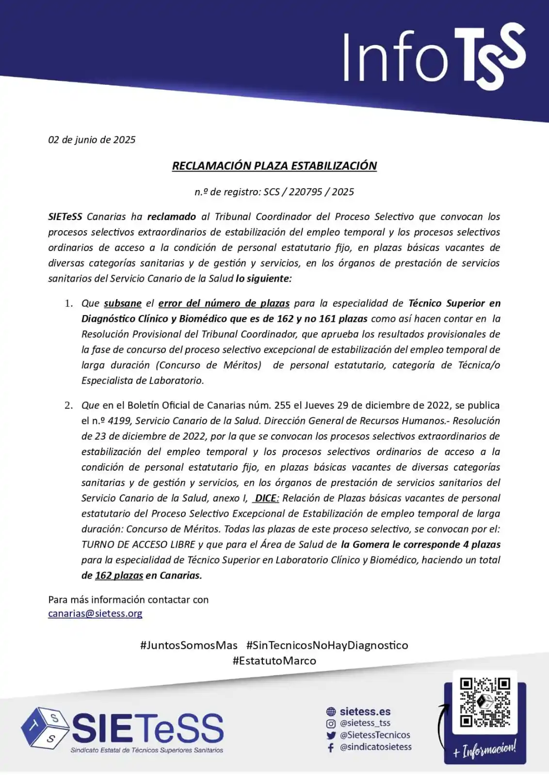 Image from Técnicos Superiores Sanitarios: SIETeSS Canarias ha reclamado al Tribunal Coordinador del Proceso Sele...