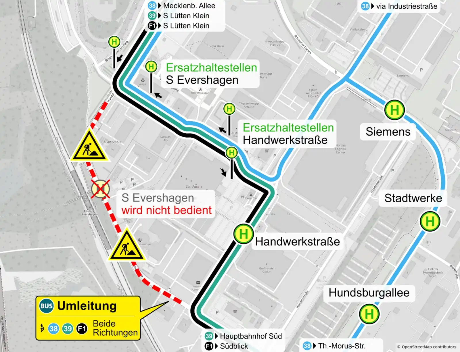 Image from MobiREGION Fahrgastinformation: *Stadtverkehr Rostock* *Umleitung der Linien 38, 39 und F1* *Ab Diens...