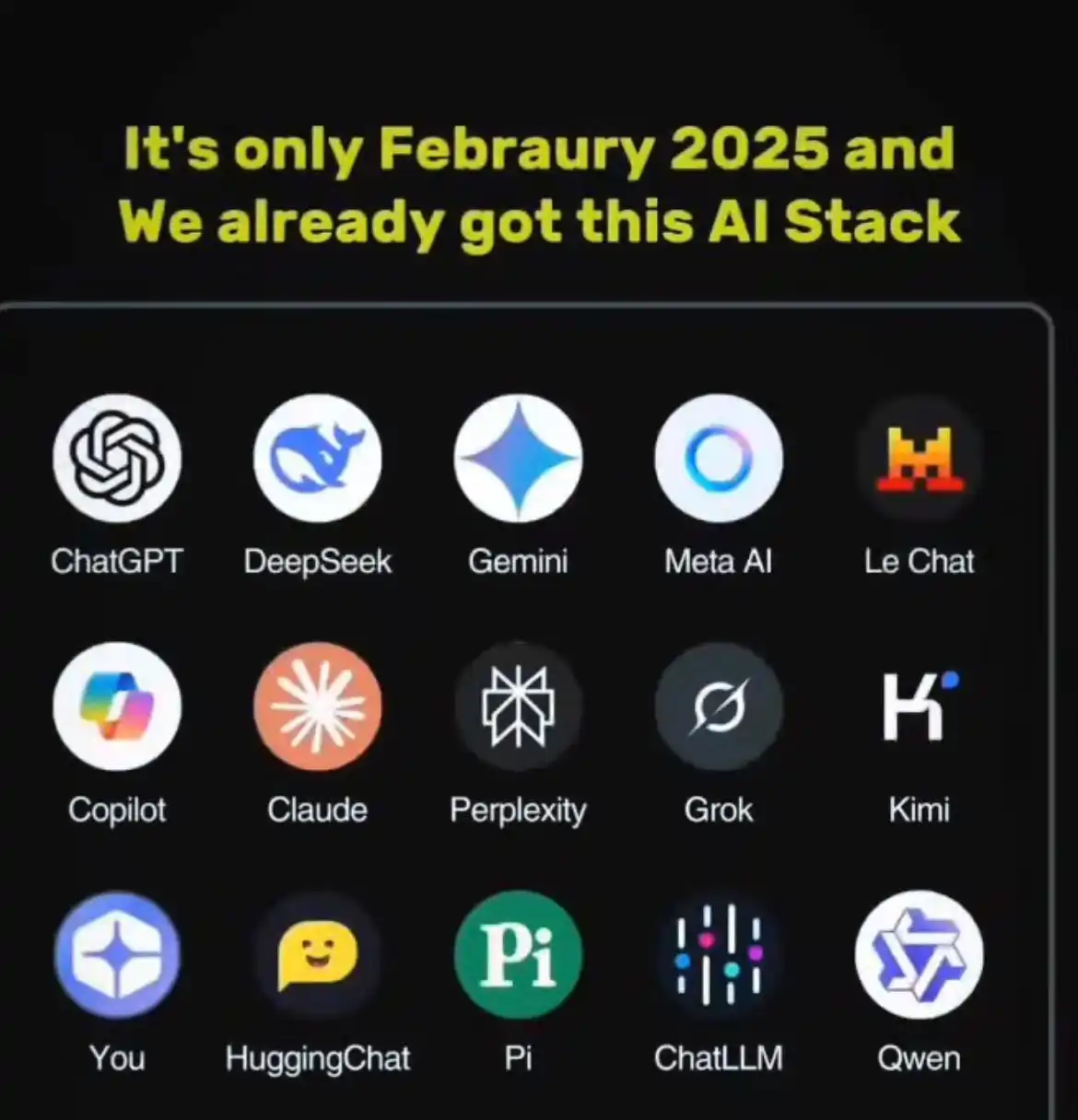 Image from Codes With Pankaj: 🚀 Top AI Stack as of February 2025: 1. ChatGPT 2. DeepSeek 3. Gemi...