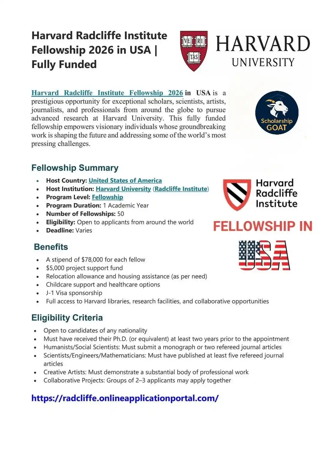 Image from GBC Students Support Network: 🇺🇸Harvard Radcliffe Institute Fellowship 2026 – Fully Funded Opportu...