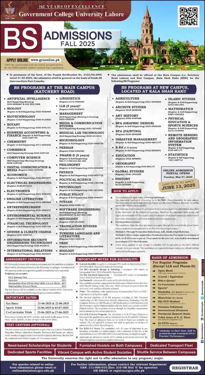 Image from Government College University Lahore Official.: 🎓 BS Admissions Alert – Fall 2025 Government College University Laho...