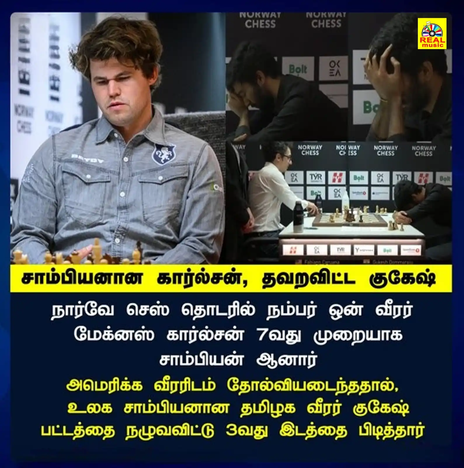 Image from Real Entertainment: சாம்பியனான கார்ல்சன், தவறவிட்ட குகேஷ் நார்வே செஸ் தொடரில் நம்பர் ஒன் ...