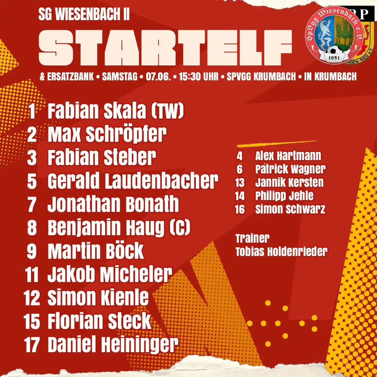 Image from SpVgg Wiesenbach 1951 e.V.: Die Startelf und Ersatzbank
der (SG) SpVgg Wiesenbach 2/TSV Behlingen...