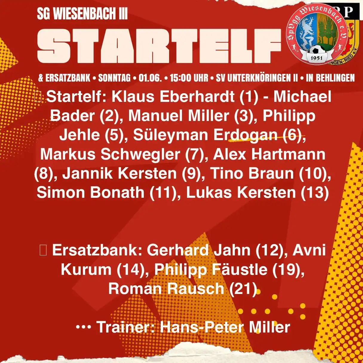 Image from SpVgg Wiesenbach 1951 e.V.: Die Startelf und Ersatzbank
der (SG) SpVgg Wiesenbach 3/TSV Behlingen...