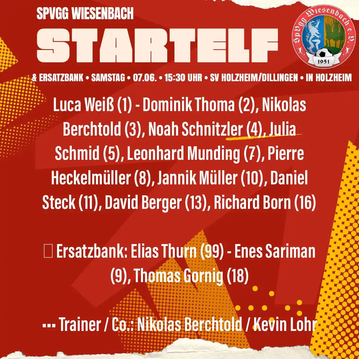 Image from SpVgg Wiesenbach 1951 e.V.: Die Startelf und Ersatzbank
der SpVgg Wiesenbach für das Saisonfinale...