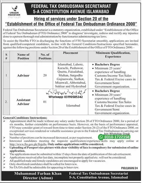 Image from Education & Jobs , Islamic Update: Federal Tax Ombudsman Secretariate Job Vacancies June 2025 (Advisors a...