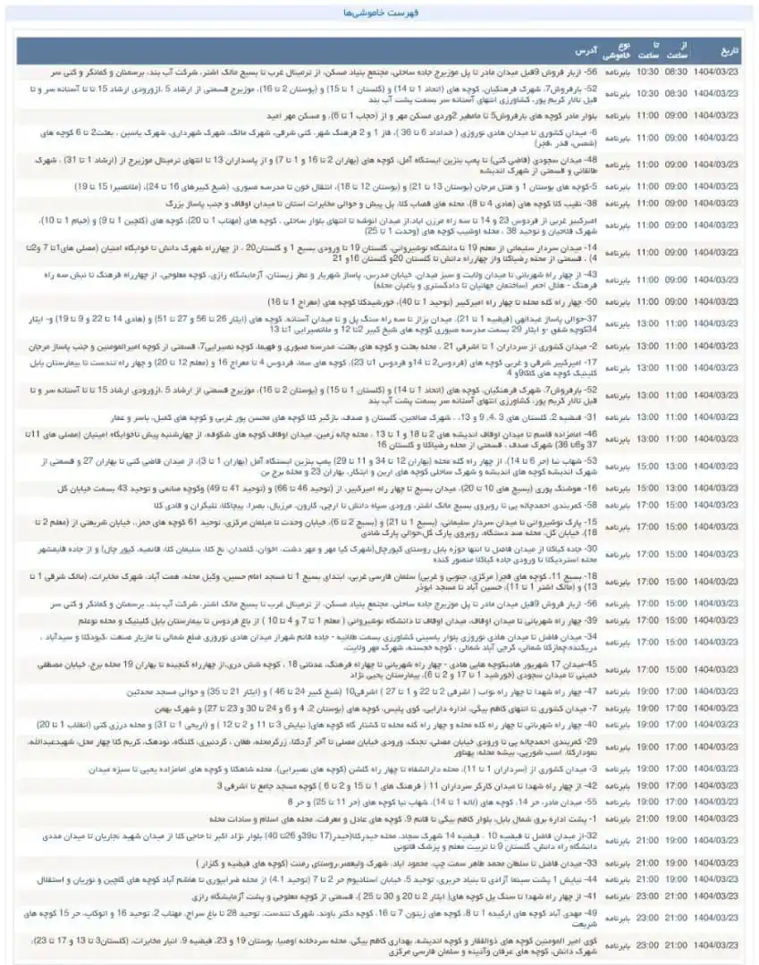 Image from بابل شهر بهارنارنج: 💡 جدول کامل خاموشی مدیریت مصرف برق بابل و امیرکلا در روز جمعه، ۲۳ خرد...