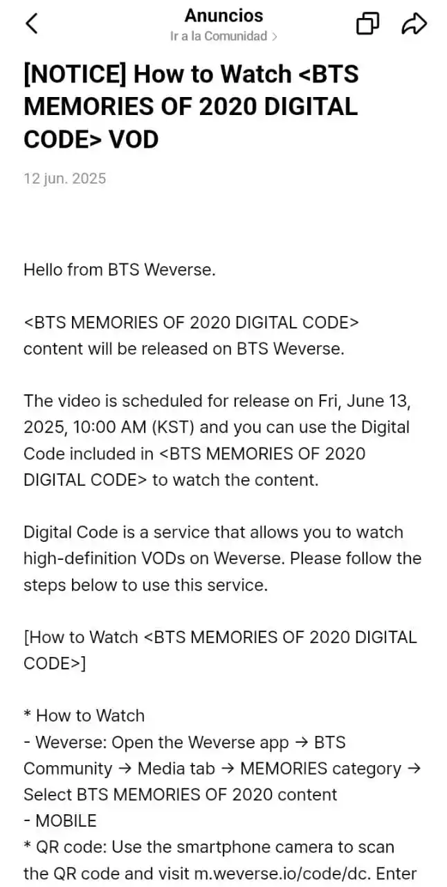 Image from 💜BTS INFO CR🇨🇷: ¡Hola desde BTS Weverse! El contenido de <BTS MEMORIES OF 2020 DIGITAL...