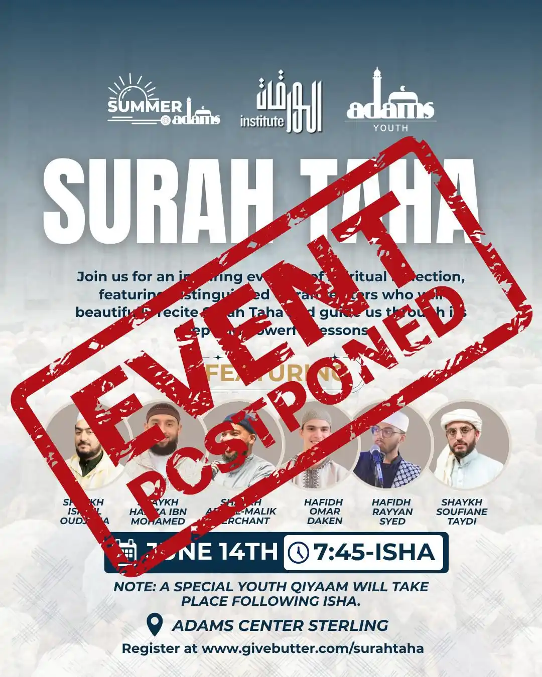 Image from ADAMS Official Channel: Important Update: Surah Taha Program Postponed We regret to inform yo...