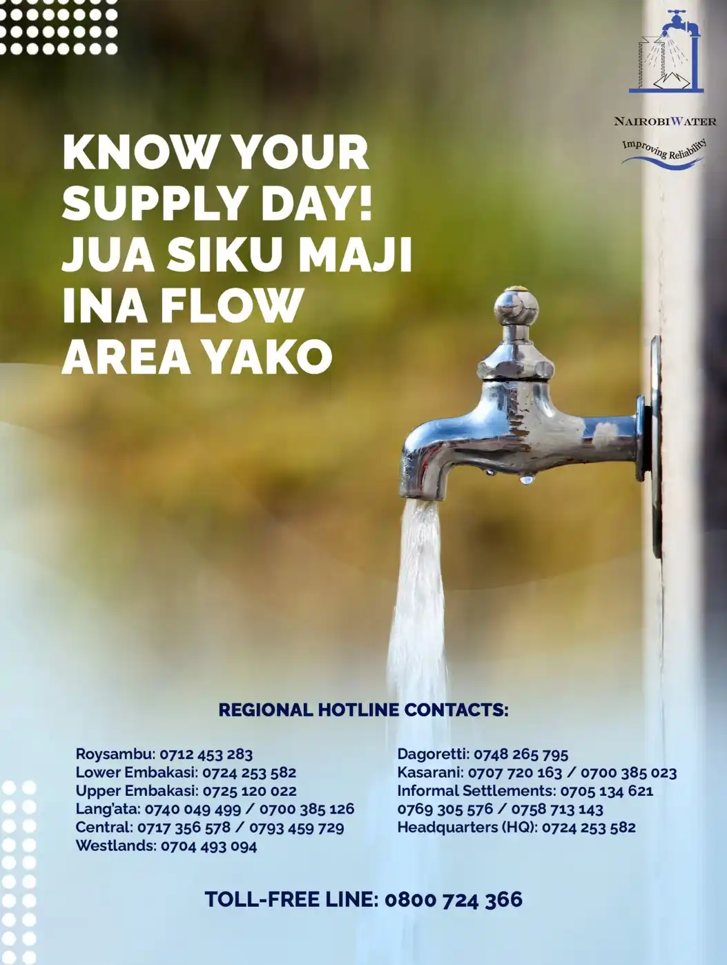 Image from Nairobi City Water & Sewerage Co. Ltd: 💧 Notice to Customers 💧 We have reviewed the Equitable Distribution ...