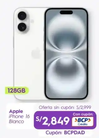 Image from Club del Cupón: ‼️ *VOLVIÓ EL MÍNIMO HISTÓRICO* iPhone 16 - White 🔗 https://tinyurl....