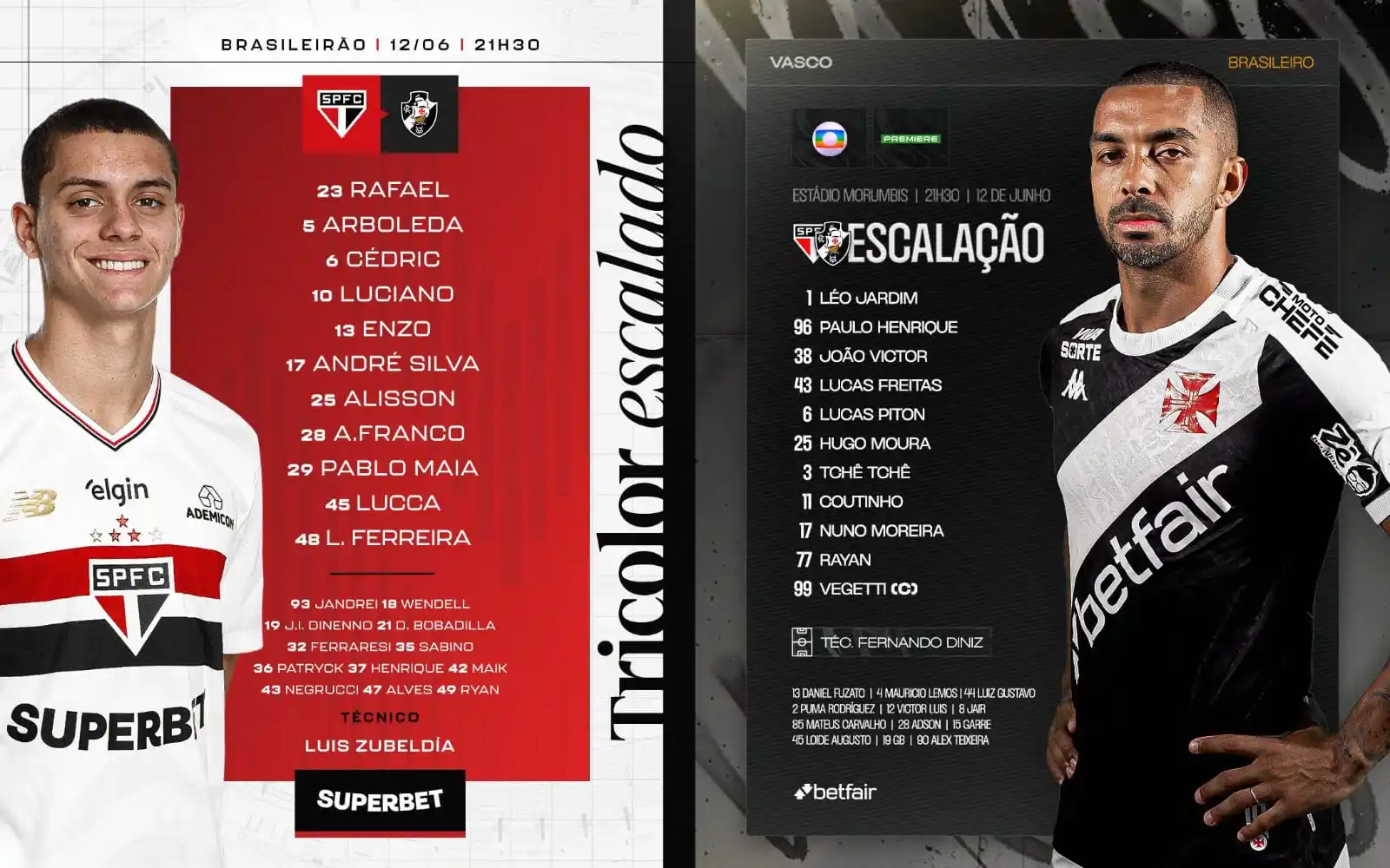 Image from ⚽️Loucos Por Futebol⚽️: 🇧🇷 São Paulo 🆚 Vasco 🇧🇷 🕥 21h30 📺 Globo (menos MG e RS) e Premi...