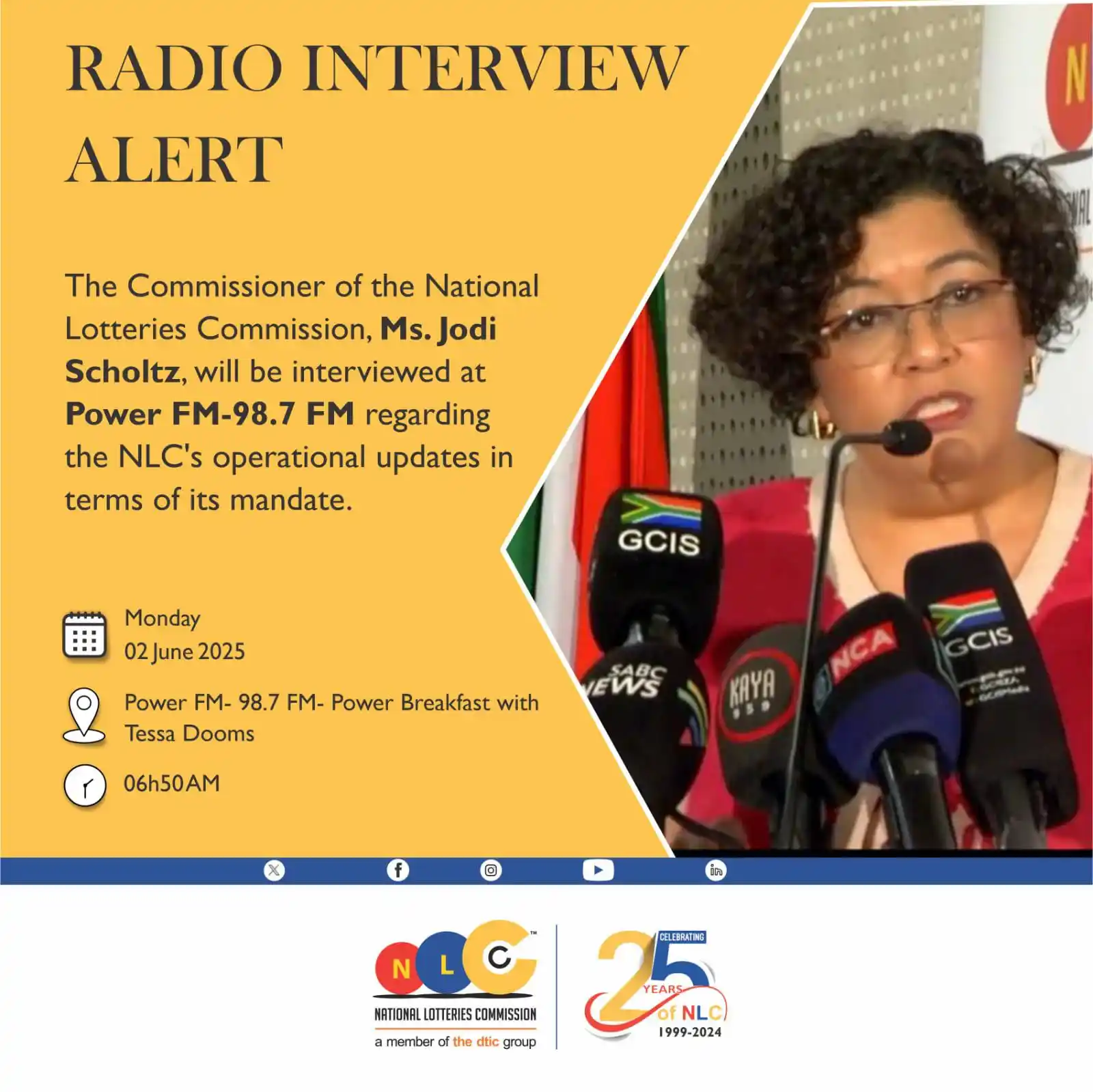 Image from National Lotteries Commission : Catch NLC Commissioner on Air Tomorrow!📻 Ms. Jodi Scholtz will be li...