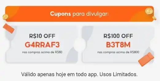 Image from Promoções e cupons 📢 por @achadinhosmos: *🚨 CUPONS SHOPEE LIBERADOS* 🎟 CÓDIGO: *G4RRAF3* ▪️ R$ 10 OFF em com...