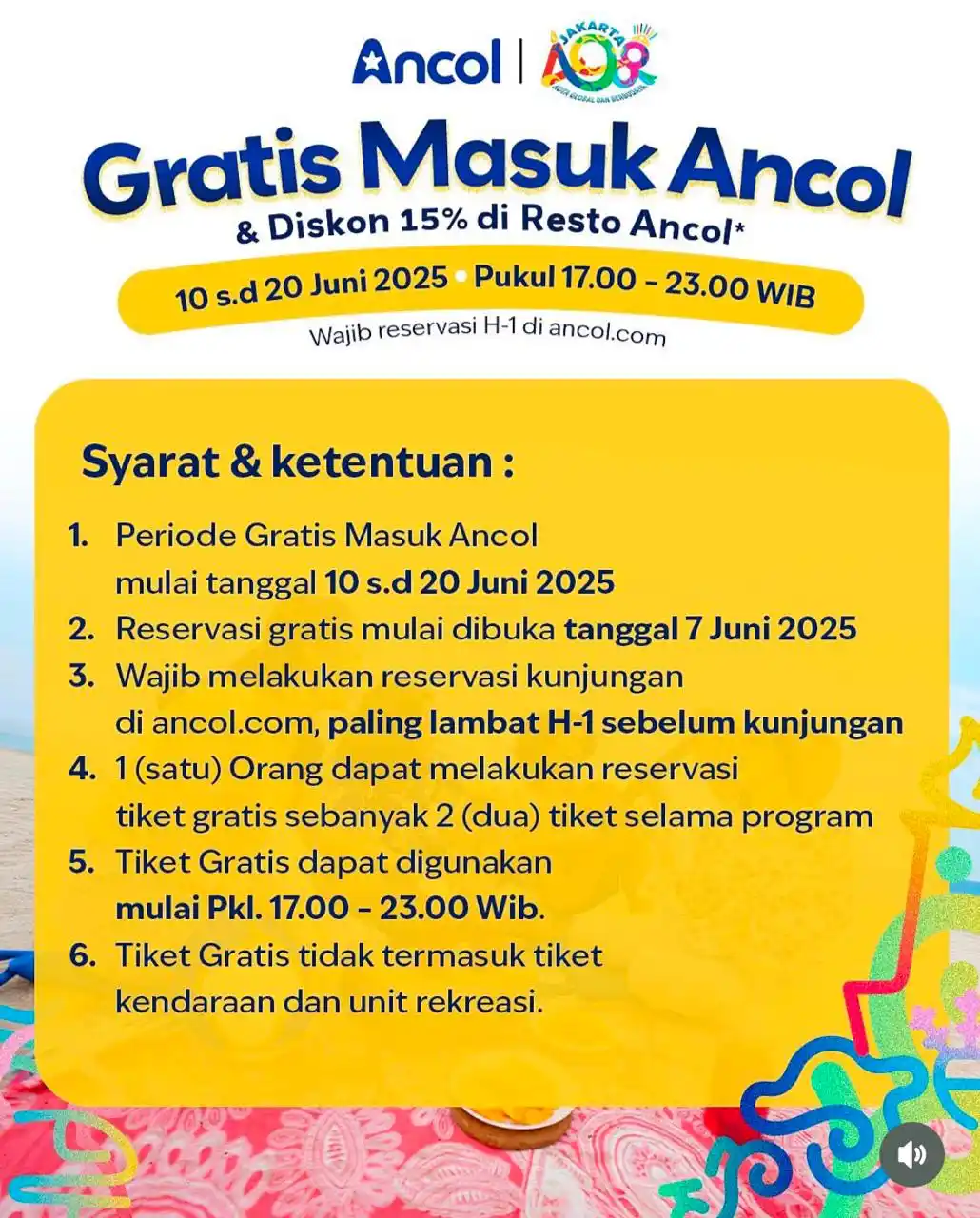 Image from Info Diskonan by Ra: Gratis Masuk Ancol di jam 5 sore hingga jam 11 malam! Mulai dari tangg...