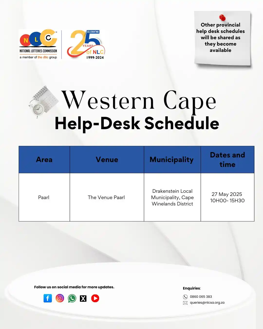 Image from National Lotteries Commission : Help Desk Support: Western Cape Schedule - May 2025 The National Lot...