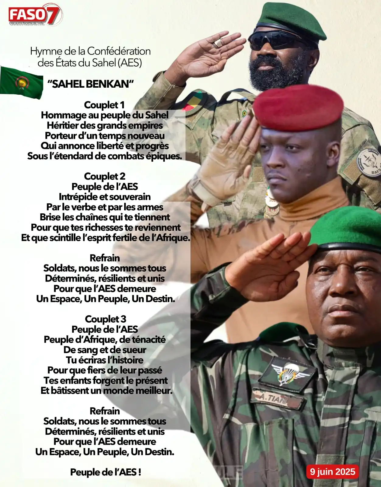 Image from Faso7: *Les paroles de l'Hymne de l'AES "Sahel Benkan"* <a class="text-blu...