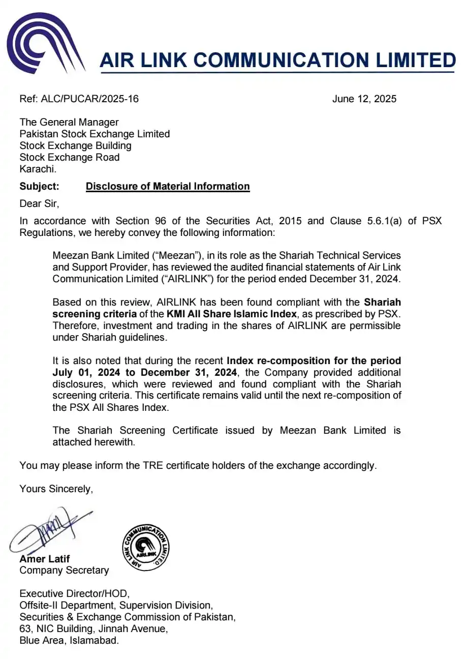 Image from Pakistan Share Market Updates: *AIRLINK* is now Sharia Complaint....