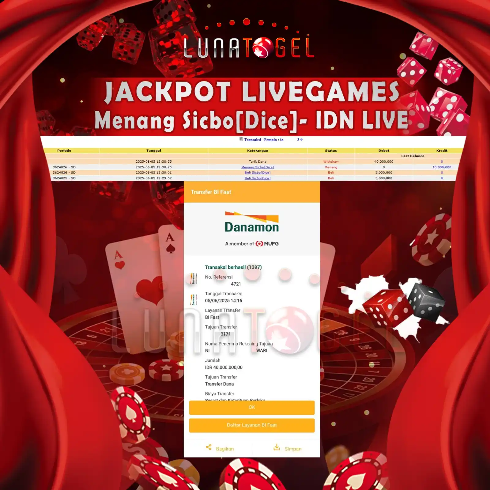 Image from LUNACNL: Selamat Kepada User Id : ioxxxxxxx3 JP Paus di Permainan Sicbo[Dice] -...