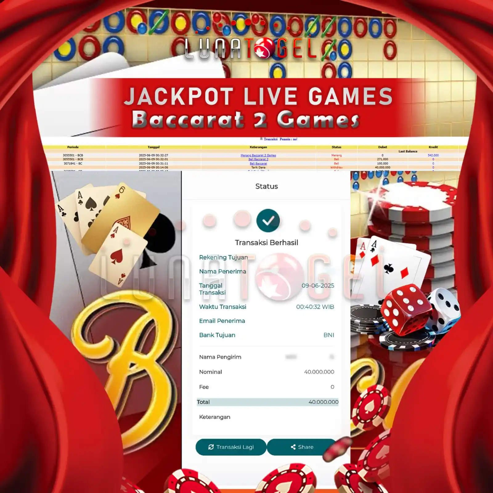 Image from LUNACNL: Selamat Kepada User Id : nxxxxxx9 JP Paus di Permainan LiveGame Baccar...