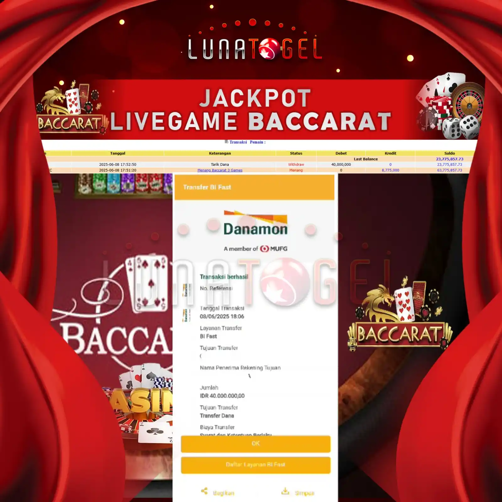 Image from LUNACNL: Selamat Kepada User Id : nxxxxxx9 JP Paus di Permainan LiveGame Baccar...