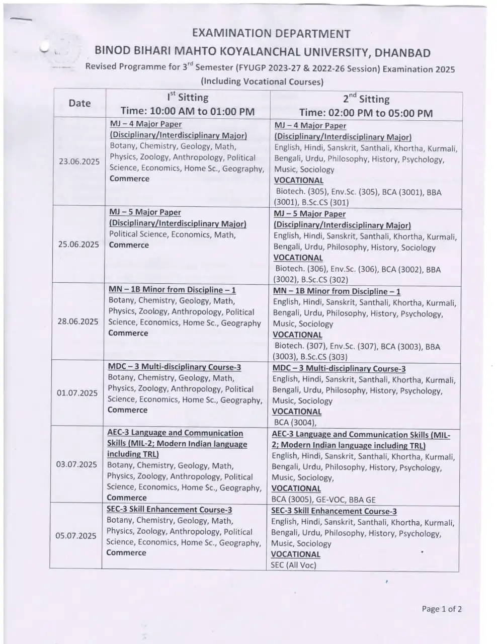 Image from BBMKU Update ✅: *Sem - 3 Datesheet Released*...