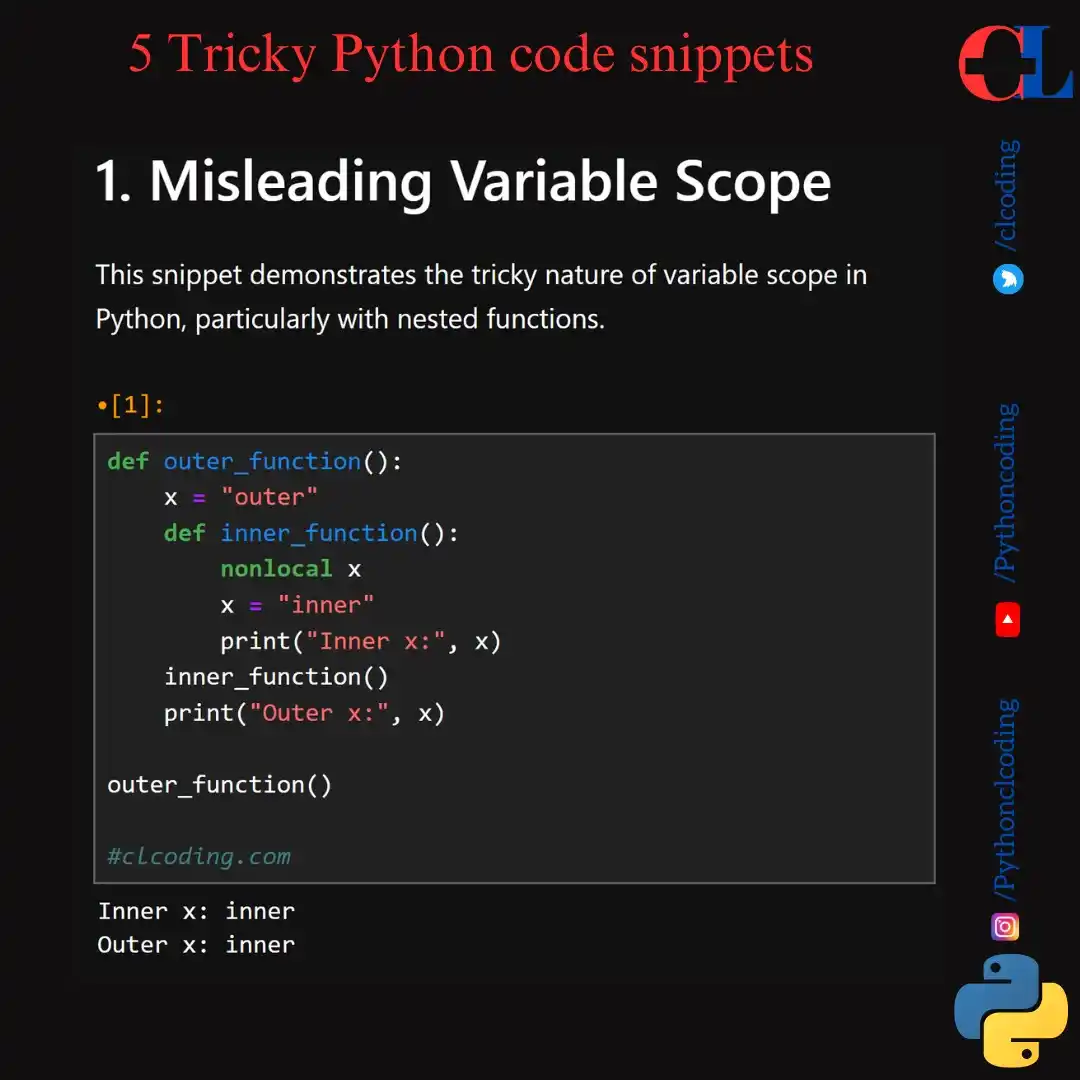Image from Python Coding (CLCODING): 5 Tricky Python code snippets...