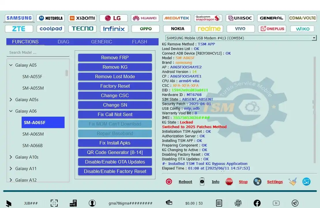 Image from UNLOCKTOOL OFFICIAL: ✅Removed KG Galaxy A06 SM-AO65F Bit4 Patch 2025-04-01 By TSM TOOL PRO ...