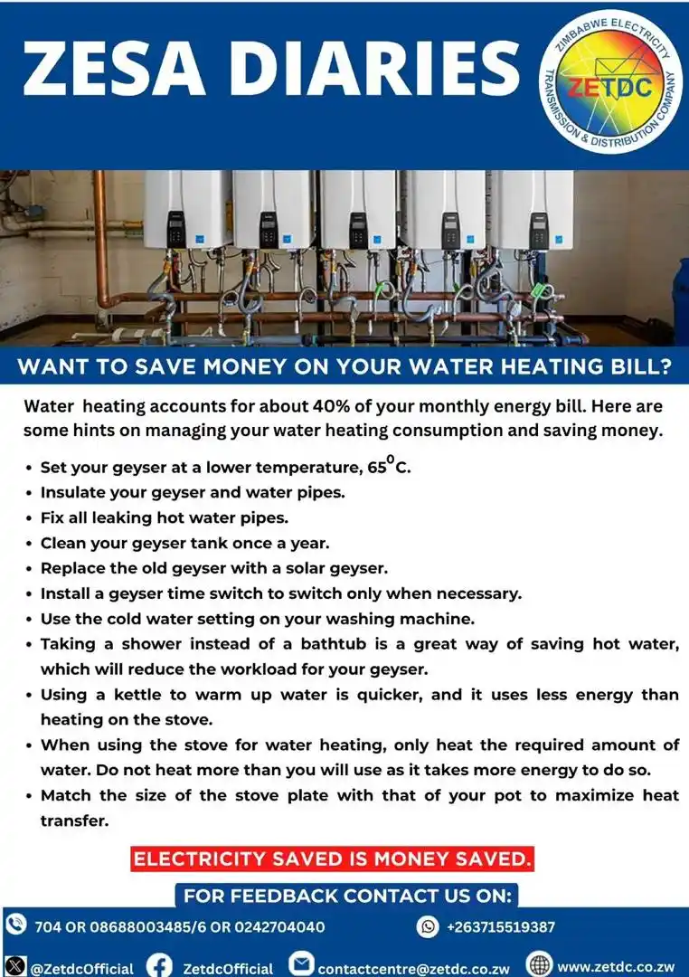 Image from ZETDC NATIONAL CONTACT CENTRE: Save Energy, Save money. Tips for efficient water heating<a class="tex...