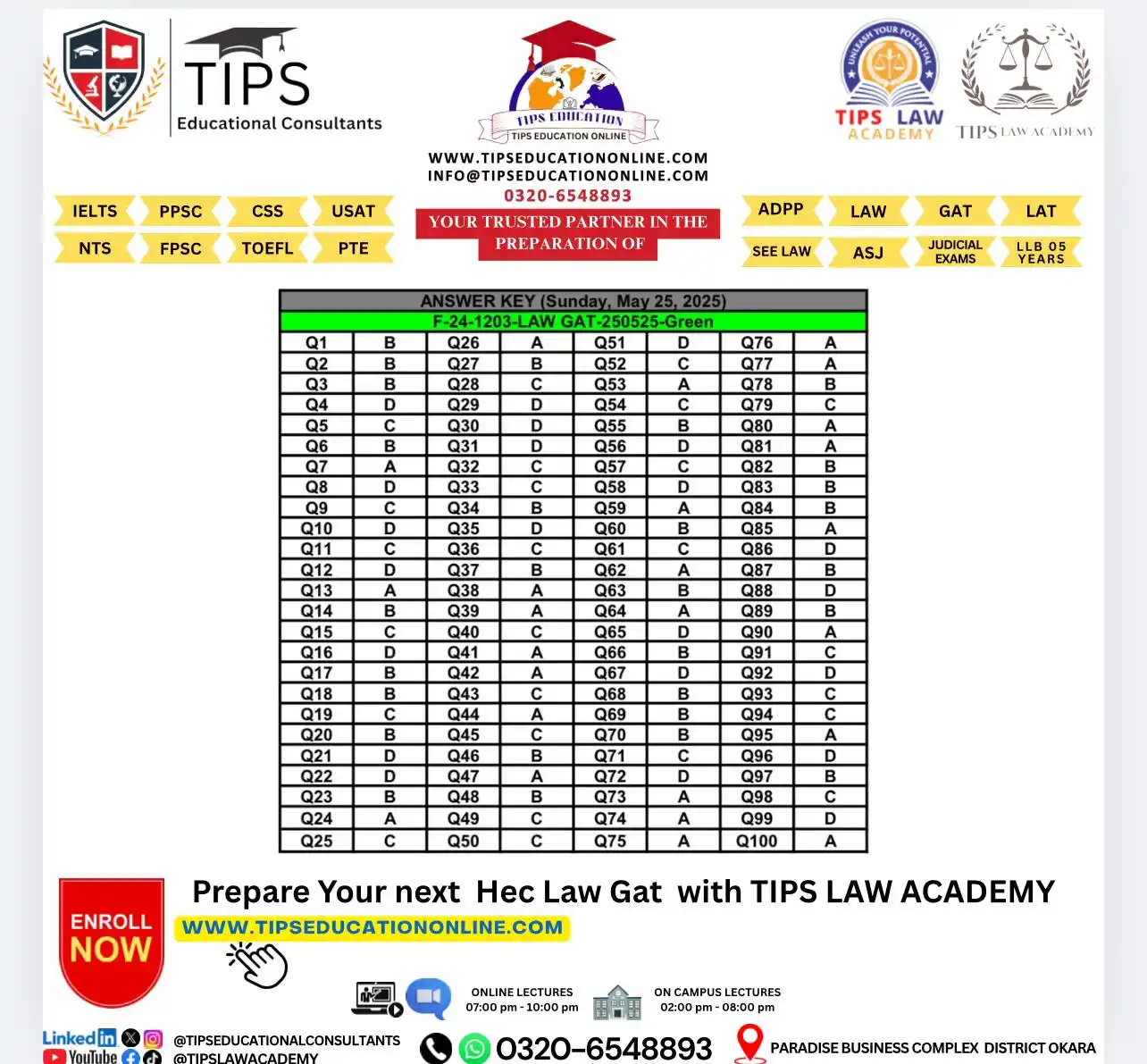 Image from TIPS LAW ACADEMY AND EDUCATIONAL CONSULTANTS: The HEC Law GAT Answer Keys for 25th May 2025 are officially out! 🎯 A...