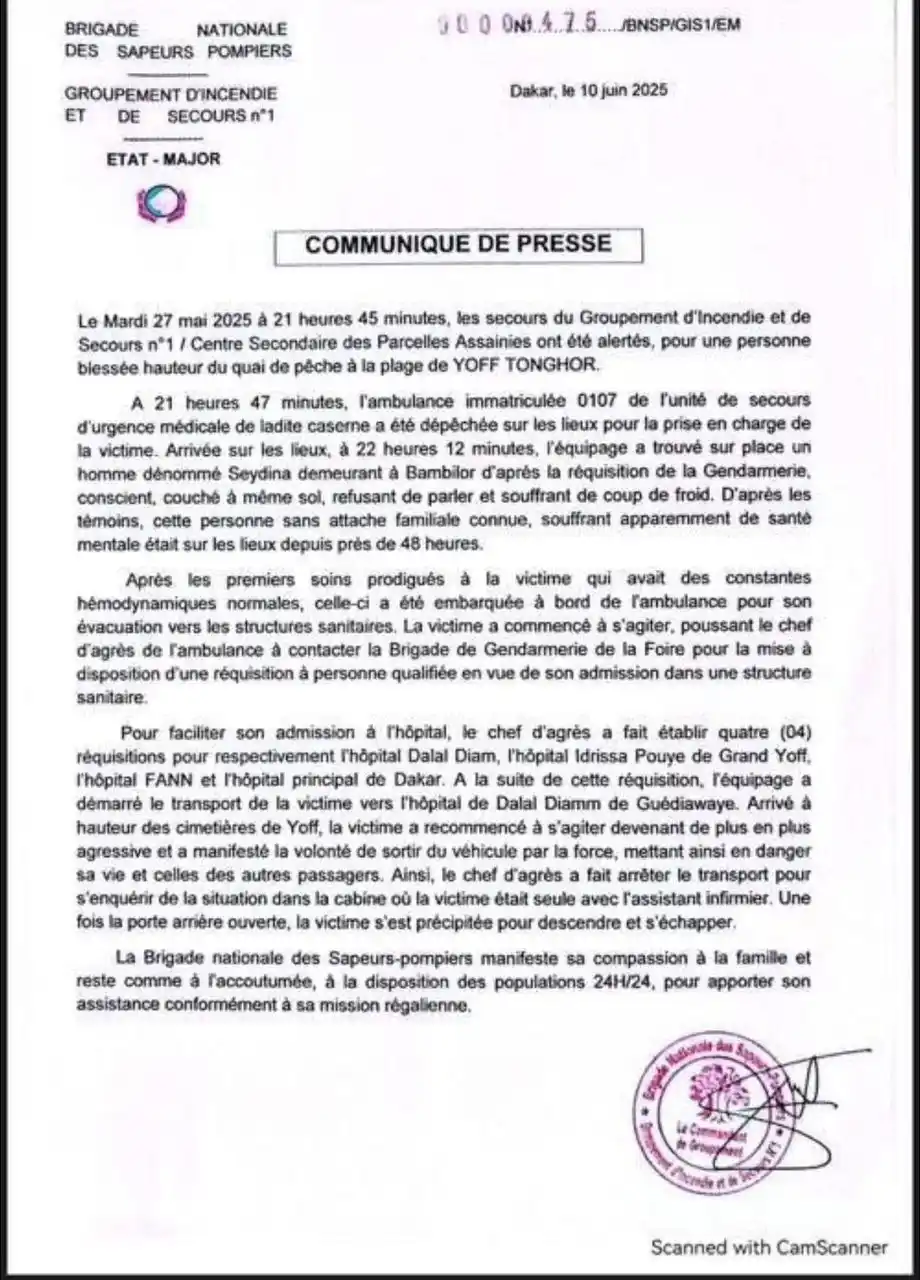 Image from ✨🇸🇳TOUT CE QUI SE PASSE AU SÉNÉGAL: *Communiqué de la brigade des sapeurs pompiers sur l'affaire Seydina* ...
