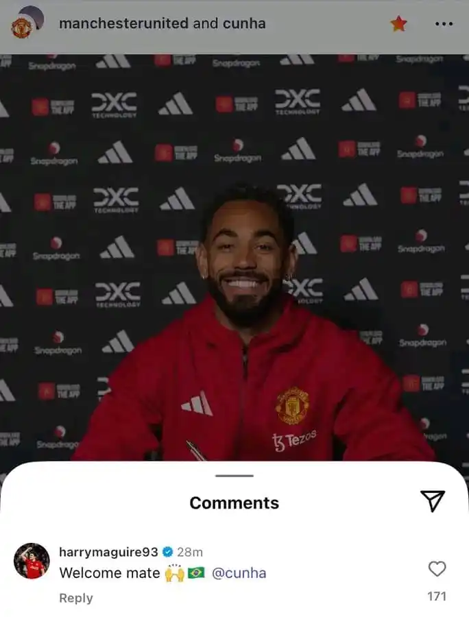 Image from HECKT8 FOOTBALL UPDATES ⚽🏟️: Harry Maguire is happy with the new signing 📲❤️ https://whatsapp.com...