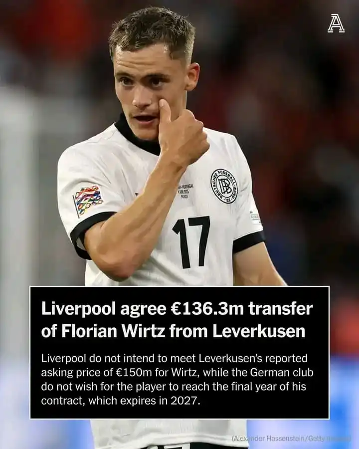 Image from HECKT8 FOOTBALL UPDATES ⚽🏟️: Liverpool have agreed a fee of €136.3million (£116m) to sign Florian W...