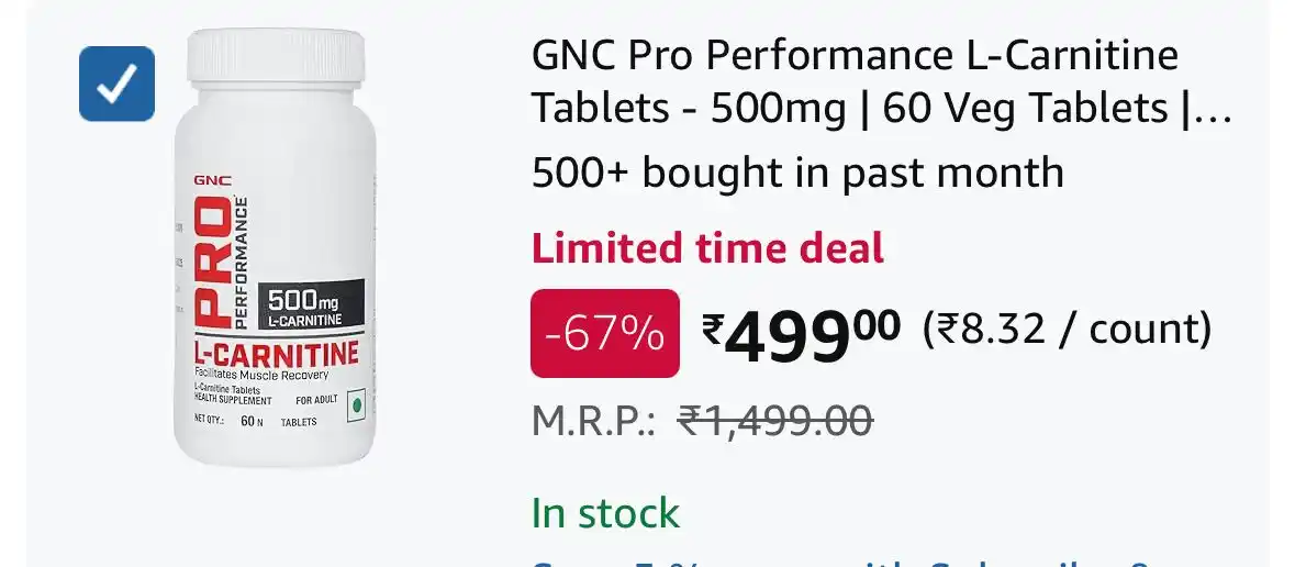 Image from GymDeals Whatsapp: *🔥Loot : GNC Pro Performance L-Carnitine 60 Tabs*  *✅Deal Price: 499 ...