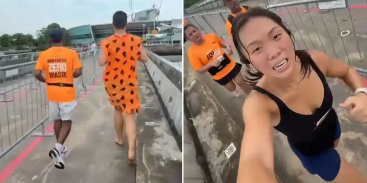 Image from MS News: *'Mad respect': Woman overtaken by barefoot man in Fred Flintstone cos...