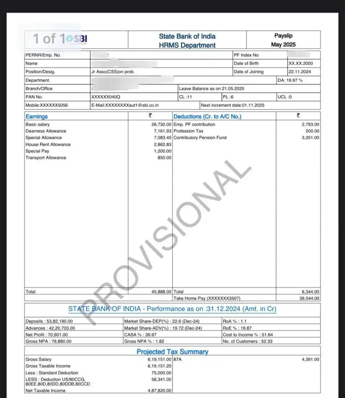 Image from Banking SBI CLERK SBI PO Prelims SBI EXAM and SBI PO CLERK Mains Maths Reasoning English CA Exam: *SBI JA SALARY SLIP 2025* <a class="text-blue-500 hover:underline curs...