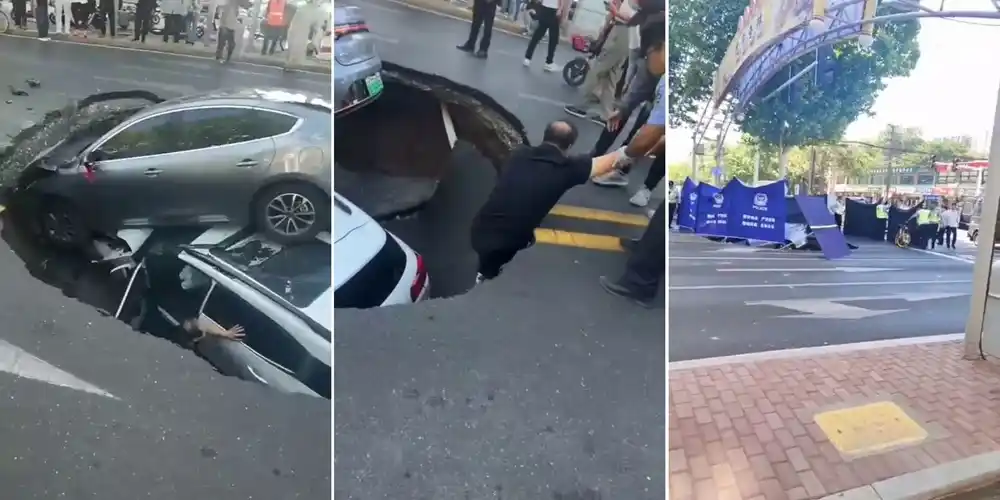 Image from MS News: *Sinkhole in China swallows 2 vehicles & injures 3 people on a busy ro...
