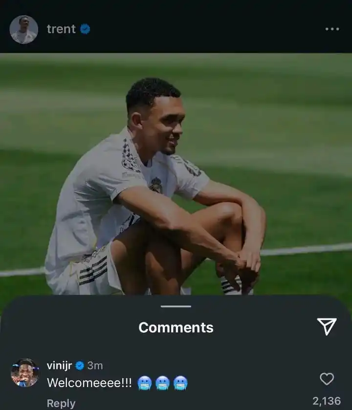 Image from HECKT8 FOOTBALL UPDATES ⚽🏟️: Vini welcomes Trent! 📲🤍 https://whatsapp.com/channel/0029Vb5xnq17j6...