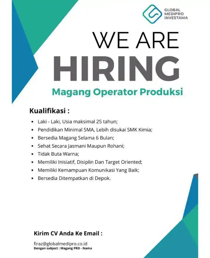 Image from LOWONGAN PEKERJAAN JABODETABEK - KARAWANG: firaz@globalmedipro.co.id Subjek: magang prd_nama...