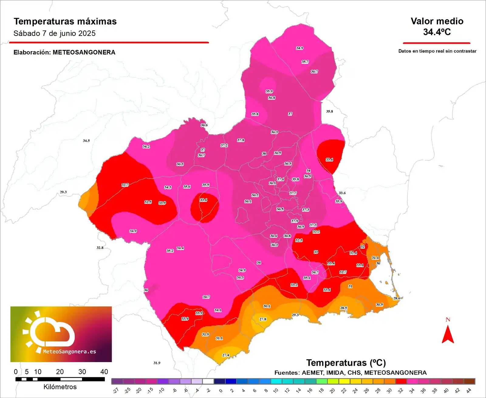 Image from MeteoSangonera: Hoy se han alcanzado de forma puntual los 38ºC. En concreto, la única ...