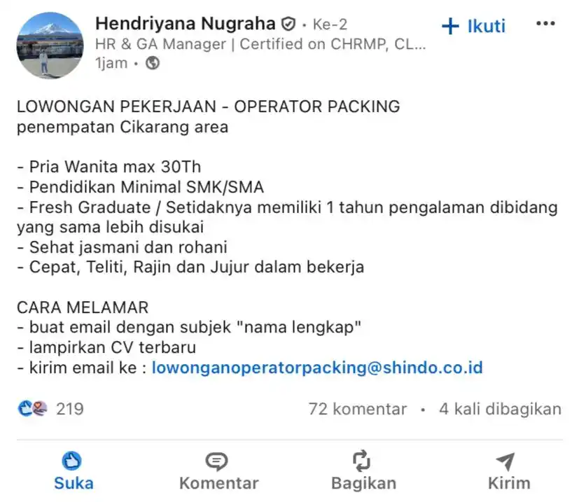 Image from LOWONGAN PEKERJAAN JABODETABEK - KARAWANG: lowonganoperatorpacking@shindo.co.id Subjek: nama lengkap_operator pac...