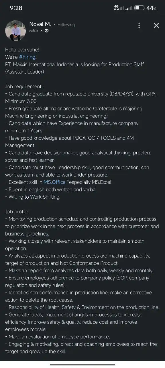 Image from LOWONGAN PEKERJAAN JABODETABEK - KARAWANG: Production Staff https://id.jobstreet.com/id/job/84798931...