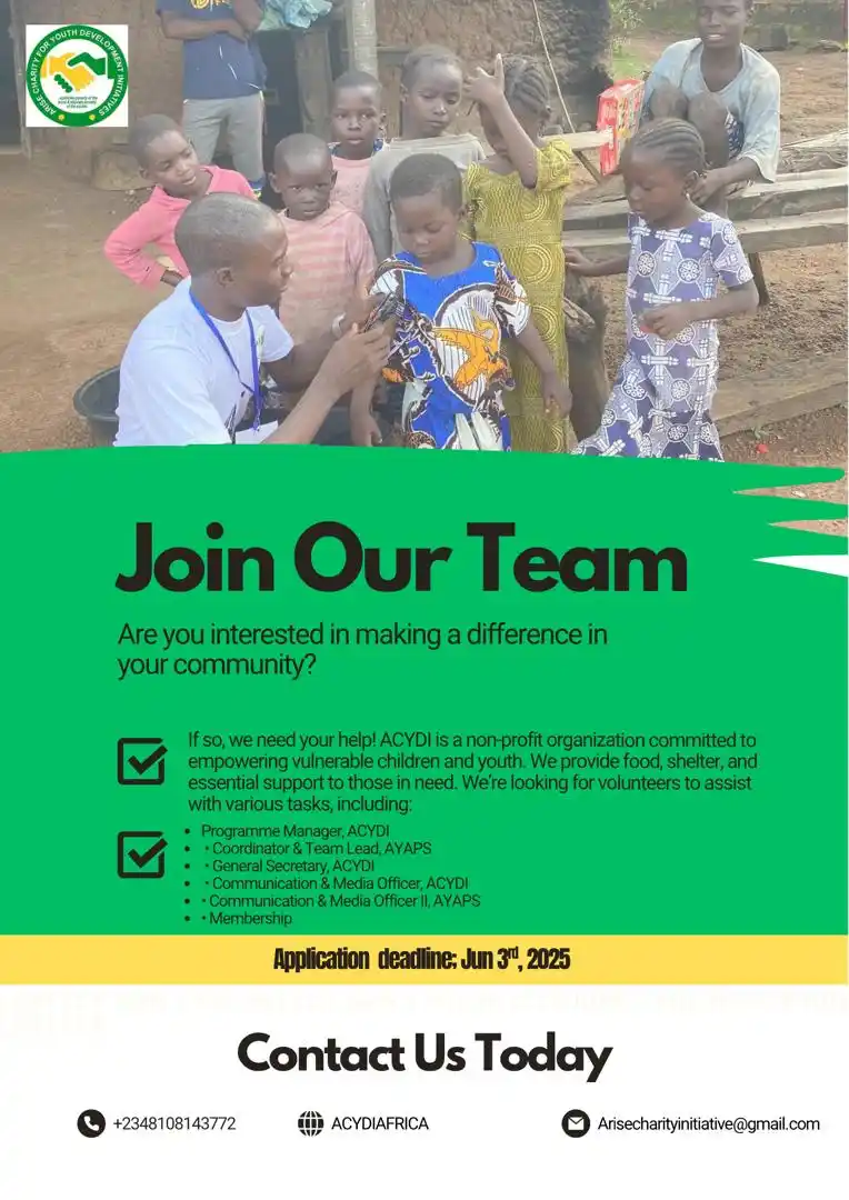 Image from ARISE CHARITY FOR YOUTH DEVELOPMENT INITIATIVES (ACYDI): Ready to make a real impact? Sign up for available roles with ACYDI an...