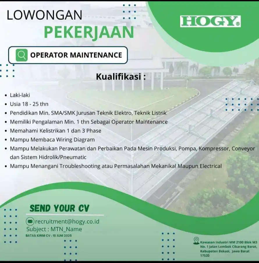 Image from LOWONGAN PEKERJAAN JABODETABEK - KARAWANG: recruitment@hogy.co.id Subjek: MTN_NAMA...